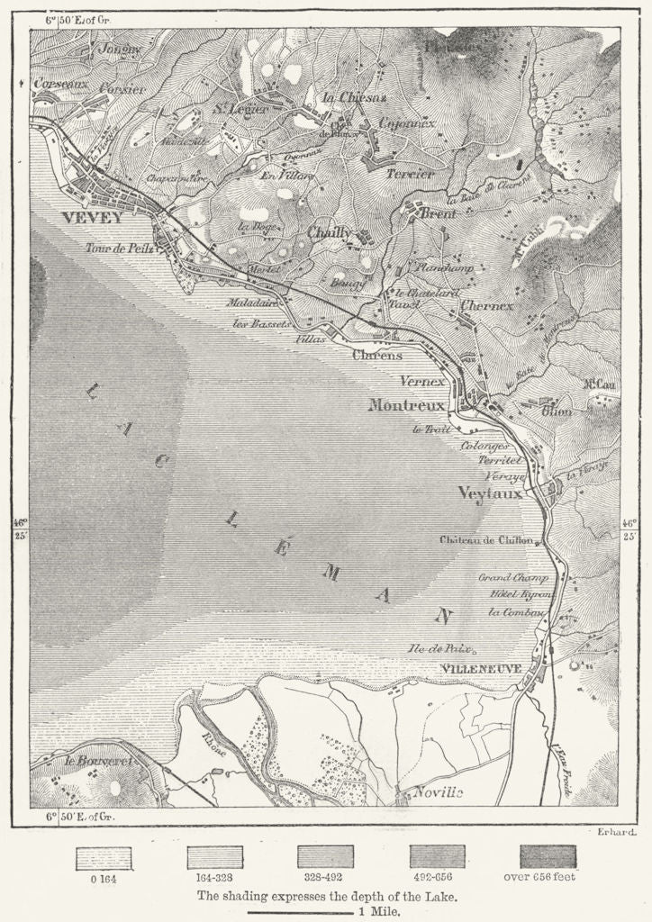 SWITZERLAND. East end of lake Geneva, sketch map c1885 old antique chart